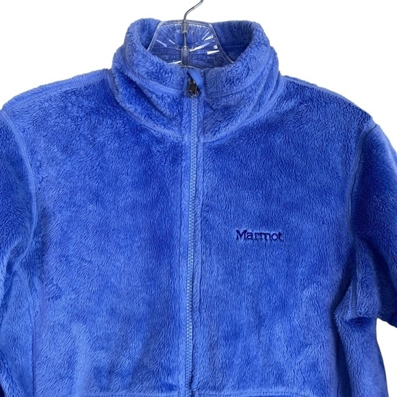 Marmot Cornflower Blue Warm Fuzzy Zip Up Fleece Jacket Mock Neck Pockets Sz M - Picture 2 of 16